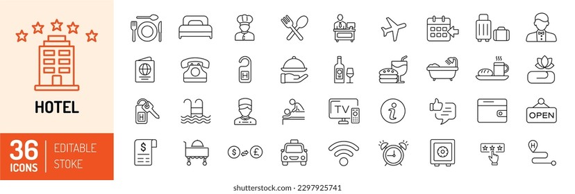 Iconos de la línea del hotel. Reserva, reserva, habitación, aeropuerto, alojamiento y muchos más... Ilustración vectorial.