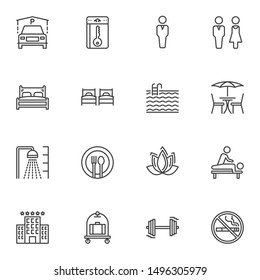Hotel line icons set. linear style symbols collection, outline signs pack. vector graphics. Set includes icons as car parking, five stars hotel building, swimming pool, electronic key, restaurant, bed