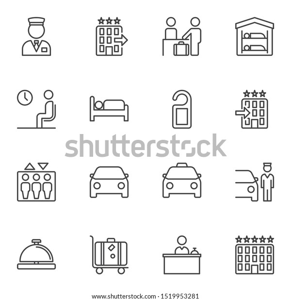 Hotel line icons set. linear style symbols\
collection, outline signs pack. vector graphics. Set includes icons\
as reception service, five star hotel rating, car parking,\
elevator, luggage cart,\
tag