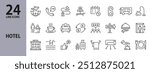 Hotel line icons set with Room, Reception, Airport, Taxi, Breakfast, Food and more. Editable Stroke