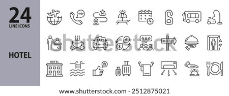 Hotel line icons set with Room, Reception, Airport, Taxi, Breakfast, Food and more. Editable Stroke