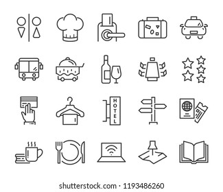 hotel line icons set, such as furniture, booking, bed, park, dinning room