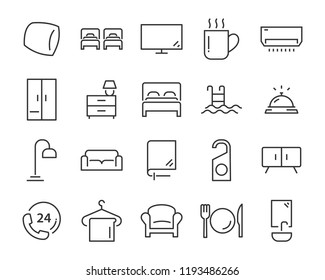 hotel line icons set, such as furniture, booking, bed, park, dinning room