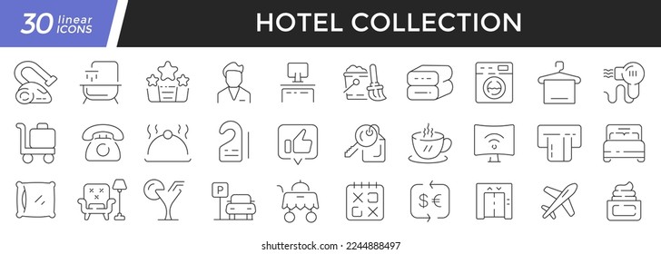 Hotel linear icons set. Collection of 30 icons in black