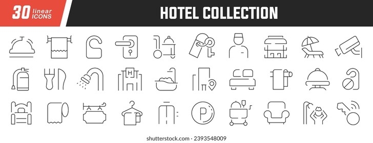 Hotel linear icons set. Collection of 30 icons in black