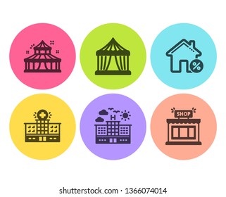 Hotel, Loan house and Hospital building icons simple set. Circus tent, Circus and Shop signs. Travel, Discount percent. Buildings set. Flat hotel icon. Circle button. Vector
