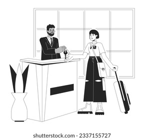 Hotellobby Check-in bw Vektorgrafik. Receptionist geben Zimmerschlüssel für asiatische Touristen 2D Cartoon flache Linie monochromatische Zeichen für Web UI Design. Bearbeitbares Einzelbild-Heldenbild