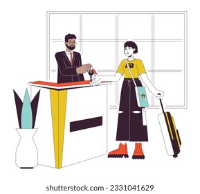 Hotel lobby check in flat line vector spot illustration. Receptionist giving room key to asian tourist 2D cartoon outline characters on white for web UI design. Editable isolated colorful hero image