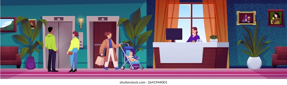 Hotel lobby corridor with elevator, people, reception desk and interior. Receptionist at desk, woman with stroller, characters waiting for elevator. Cartoon style. Vector illustration.