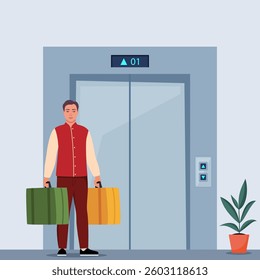 Hotel lobby with elevator. Bellboy dressed in red uniform with suitcases near the elevator.