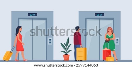 Hotel lobby with elevators and hotel guests carrying baggage. Man and woman near the elevator.