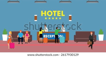a hotel lobby with guests checking in at the reception desk, sitting on sofas, and walking with luggage