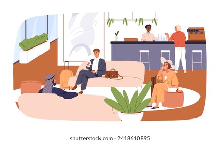 Hotel lobby interior with guests waiting on sofas, sitting with luggage at bar. People tourists, businessmen on couches. Hospitality service. Flat vector illustration isolated on white background