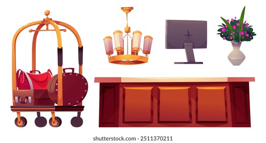 Hotel lobby interior with reception desk and chandelier cartoon set. Welcome business area isolated furniture design. Suitcase trolley png and flower in vase. Tourism service for checkout in hall