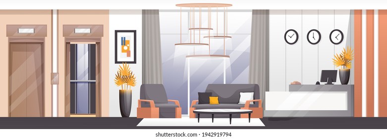 Hotel lobby and reception area background. Room with desk, armchair, sofa, table with computer, elevator vector illustration. Hall for guests interior design, horizontal panorama.