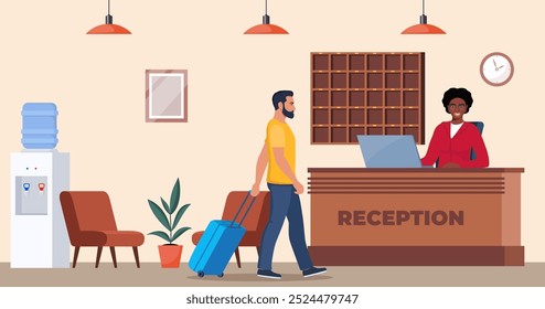 Hotel lobby, reception. Black woman receptionist behind the desk, guest with baggage checking in. Hotel Arriving. Tourism, business trip concept. Interior of inn. Vector illustration