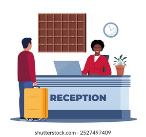 Hotel lobby, reception. Black woman receptionist behind the desk, guest with baggage checking in. Hotel Arriving. Tourism, business trip concept. Interior of inn. Vector illustration