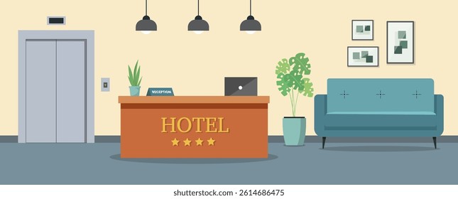 Hotel lobby with reception. Empty hotel indoor. Vector stock