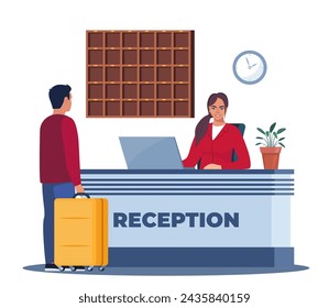 Hotel lobby, reception. Woman receptionist behind the desk, guest with baggage checking in. Hotel Arriving. Tourism, business trip concept. Interior of inn. Vector illustration