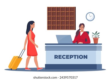 Hotel lobby, reception. Woman receptionist behind the desk, guest with baggage checking in. Hotel Arriving. Tourism, business trip concept. Interior of inn. Vector illustration