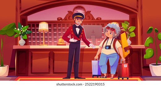 Hotel lobby e turista com bagagem na recepção. Salão de boas-vindas com escrivaninha, bellboy e mulher idosa. Personagem de viagem com câmera e mochila em viagem de férias. Concierge perto do balcão vintage