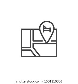 Hotel location, map pin line icon. linear style sign for mobile concept and web design. Route to hotel, map marker outline vector icon. Symbol, logo illustration. Vector graphics
