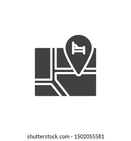 Hotel location, map pin vector icon. filled flat sign for mobile concept and web design. Route to hotel, map marker glyph icon. Symbol, logo illustration. Vector graphics