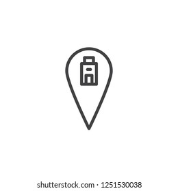 Hotel location pin outline icon. linear style sign for mobile concept and web design. Hotel building map marker simple line vector icon. Symbol, logo illustration. Pixel perfect vector graphics