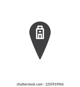 Hotel location pin vector icon. filled flat sign for mobile concept and web design. Hotel building map marker simple solid icon. Symbol, logo illustration. Pixel perfect vector graphics