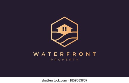 hotel logo with a hexagon base shape with ocean wave and window