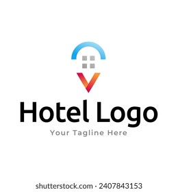 Hotel Logo. Hotel point logo vector. Pin icon with hotel symbol combination isolated on white background.
