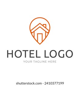 Hotel Logo. Hotel point logo vector. Pin icon with hotel symbol combination isolated on white background.
