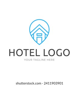 Hotellogo. Logo-Vektorgrafik des Hotels. Pin-Symbol mit Kombination aus Hotelsymbol einzeln auf weißem Hintergrund.
