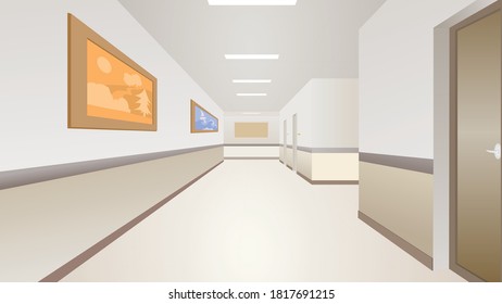 Hotel long corridor with room vector.