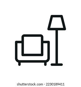 Hotel lounge area furniture isolated icon, armchair and lamp outline vector icon with editable stroke