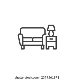Symbol der Hotellounge-Linie. lineares Stilzeichen für mobiles Konzept und Webdesign. Sofa und Nachttisch mit Lampenumriss Vektorsymbol. Möbelsymbol, Logo-Abbildung. Vektorgrafik