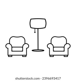 Icono vectorial del salón del hotel. Firma plana rellena para concepto móvil y diseño web. sillón de esquina de escucha y mesa de noche con icono de lámpara. Símbolo, ilustración del logotipo. Gráficos vectoriales