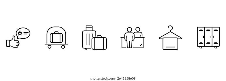 Hotel luggage bell service reception counter wardrobe feedback towel rack locker storage icon set for travel and accommodation design.