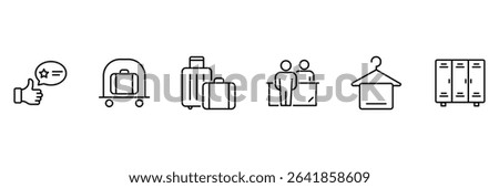 Hotel luggage bell service reception counter wardrobe feedback towel rack locker storage icon set for travel and accommodation design.