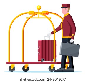 Carrito de equipaje y carácter Bellhop del hotel. Trabajador de Bellboy con el carro del equipaje del hotel con las bolsas aisladas. Camión de mano para Transporte en Hotel. Vacaciones y viajes. Ilustración vectorial plana