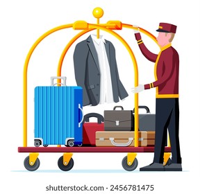 Hotel Luggage Cart and Bellhop Character. Bellboy Worker with Hotel Baggage Trolley With Bags Isolated. Handtruck for Transportation in Hotel. Vacation and Travel. Flat Vector Illustration