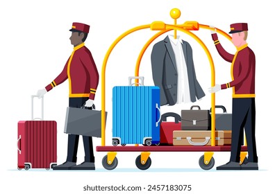 Hotel Luggage Cart and Bellhop Character. Bellboy Worker with Hotel Baggage Trolley With Bags Isolated. Handtruck for Transportation in Hotel. Vacation and Travel. Flat Vector Illustration