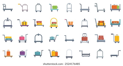 Hotel luggage cart set showing bellhop service or airport baggage claim for carrying suitcases and bags