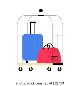 Hotel Luggage Cart With Suitcases And Bags In Flat Vector Illustration Symbolizing Travel, Hospitality, And Hotel Services, Isolated On White Background.