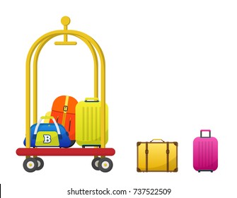 Hotel luggage cart vector with colorful baggage, backpack, bag, briefcase, Luggage trolley