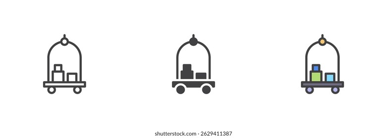 Hotel luggage trolley different style icon set. Line, glyph and filled outline colorful version, outline and filled vector sign. Bellhop cart symbol, logo illustration. Vector graphics