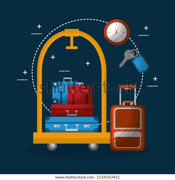 hotel luggage\
trolley stacked suitcases bag\
clock