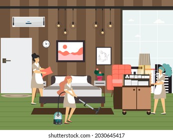 Hotel maid characters making the bed, vacuuming carpet, flat vector illustration. Hotel room cleaning service.