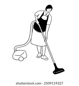 Hotel maid cleaning in hotel room with vacuum cleaner