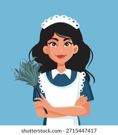 
Hotel Criada con una herramienta de limpieza de plumero Ilustración de dibujos animados de Vector. Ama de llaves alegre y amable con un plumero 